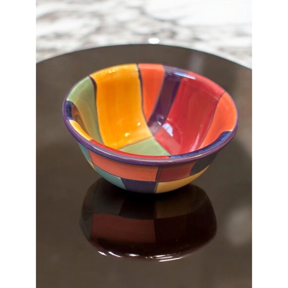 Corsica Hand Painted small Bowl Multicolored Check Block design 4 1/2" x 2 1/2" - Picture 1 of 5